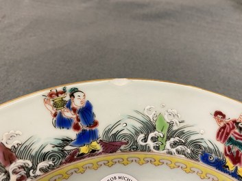 A Chinese famille rose plate with mandarin ducks in a lotus pond and immortals, Yongzheng